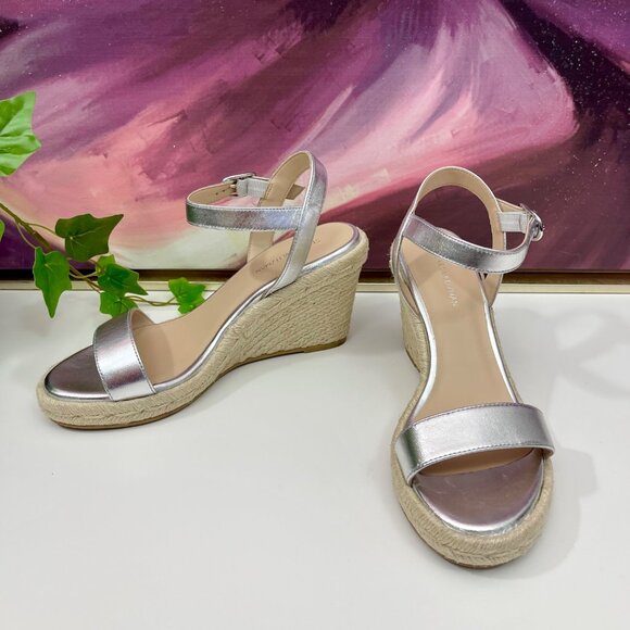 Stuart Weitzman Teddi Espadrille Leather Wedge Sandal in Silver Size 6 - Picture 4 of 10